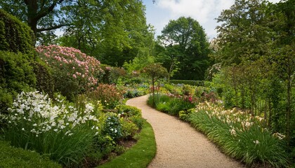 A winding path through a lush, green garden with blooming flowers and verdant foliage.