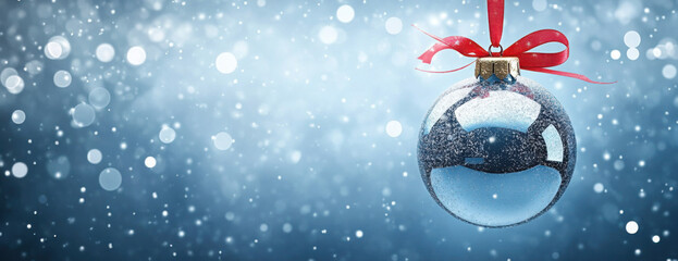 Empty christmas bauble over the winter, snowy background with copy space
