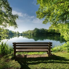 Obraz premium A wooden bench sits by a serene lake, surrounded by lush greenery and trees on a sunny day.