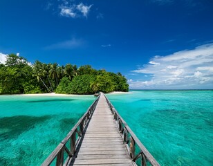 A wooden walkway leads to a tropical island with crystal clear turquoise water and lush green foliage. The blue sky is dotted with fluffy white clouds.