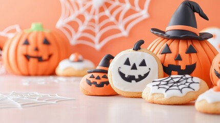 Halloween Treats Banner, flat-lay design showcasing Jack-o'-lantern cookies, whimsical witch hats, intricate spider web decor, perfect for festive promotions and announcements