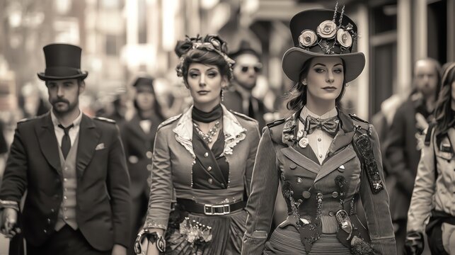 Group of people dressed in detailed steampunk attire walking confidently in a lively street, evoking Victorian-era fashion and industrial charm.