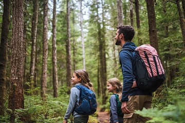 Family hiking in lush green forest