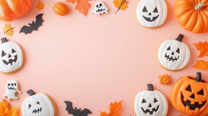Fototapeta premium Halloween Delight, a flat-lay scene featuring Jack-o'-lantern cookie cutters, eerie decorations, whimsical costumes, inviting viewers to celebrate the festive spirit.