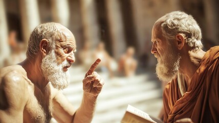 An ancient philosophical debate scene with Greek philosophers in robes