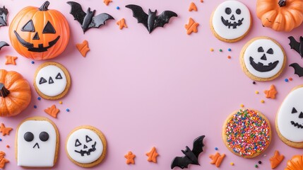 Halloween flat-lay featuring vibrant costumes, decorated pumpkin cookies, and colorful spooky sprinkles, designed with ample space for creative text additions.