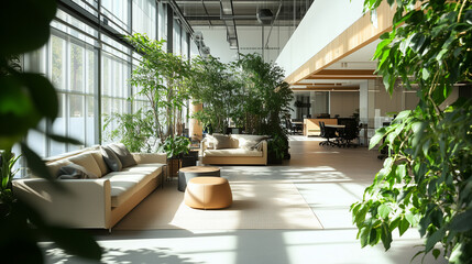 Fototapeta na wymiar Przestronne biuro, w którym strefa relaksu z miękkimi kanapami i bujnymi roślinami emanuje spokojem. 