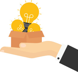 Businessman hand holding lightbulb idea box. Modern vector illustration in flat style

