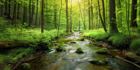 Obraz premium A stream of water meandering is running through a lush green forest filled with vibrant vegetation and tall trees. 