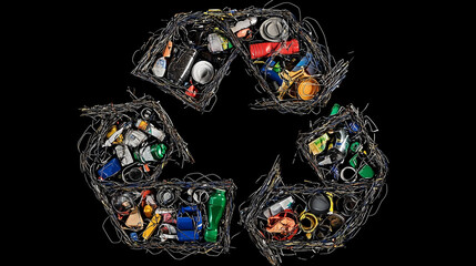 Logo przedstawiające ideę recyklingu, stworzone z elementów codziennego użytku, takich jak puszki i opakowania. 