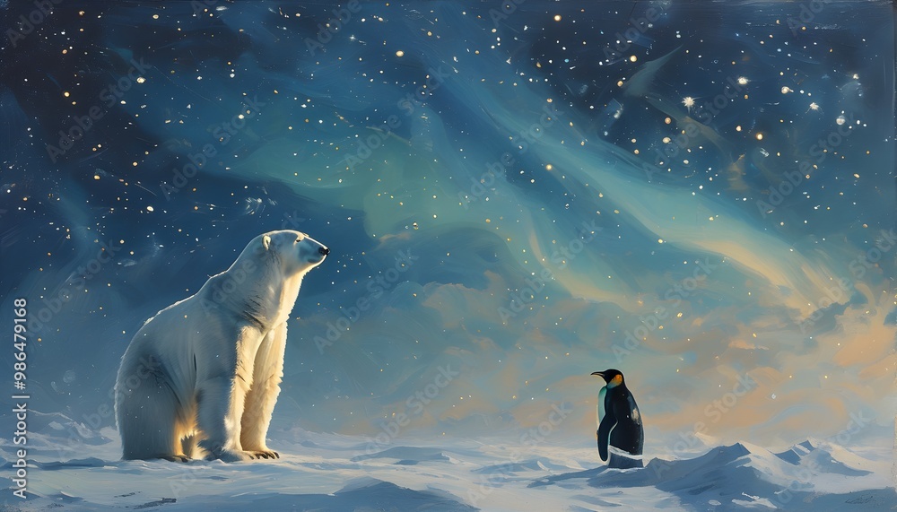 Wall mural Polar bear beneath starry sky and Northern Lights, amidst industrial smog with curious penguins observing the enchanting scene