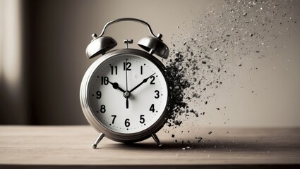 Shattering alarm clock in monochrome