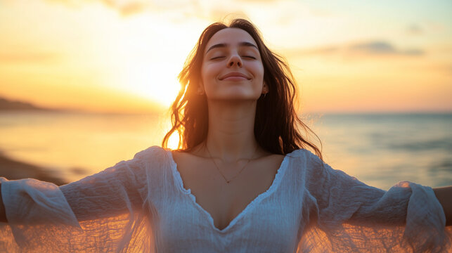 Zrelaksowana kobieta z szeroko otwartymi ramionami i zamkniętymi oczami, pochłonięta pięknem zachodzącego słońca nad morzem.