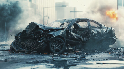 Zbliżenie na wypadek samochodowy, gdzie widać uszkodzone pojazdy i rozrzucone elementy na drodze. 