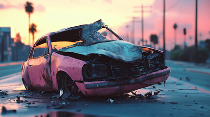 Zbliżenie na wypadek samochodowy, gdzie widać uszkodzone pojazdy i rozrzucone elementy na drodze. 