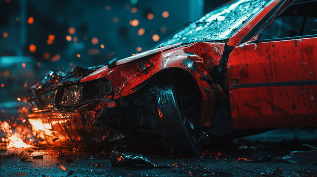 Zbliżenie na wypadek samochodowy, gdzie widać uszkodzone pojazdy i rozrzucone elementy na drodze. 