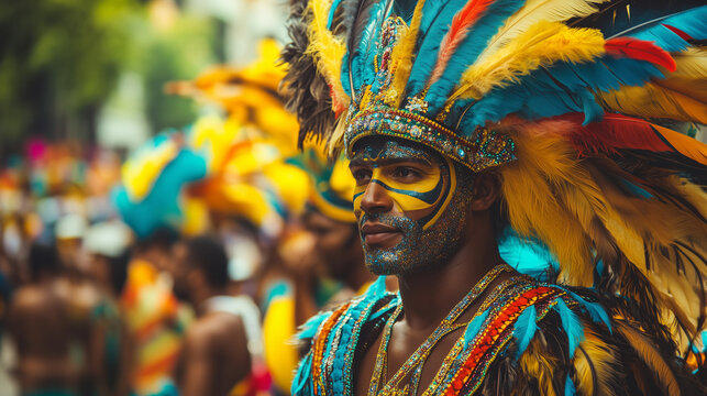 Parada karnawałowa w Rio de Janeiro to prawdziwe święto kolor&oacute;w i dźwięk&oacute;w. Uczestnicy przebrani w przepiękne kostiumy przechodzą przez ulice.