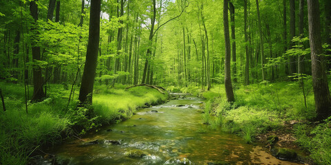 Obraz premium A stream of water meandering is running through a lush green forest filled with vibrant vegetation and tall trees. 