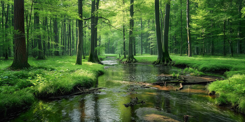 A stream of water meandering is running through a lush green forest filled with vibrant vegetation and tall trees.
