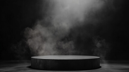 Ciemne podium na czarnej podłodze, zanurzone w delikatnym dymie, tworzy intymne i tajemnicze tło. 