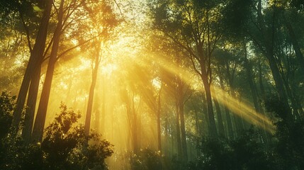 Sunbeams filtering through a dense forest canopy