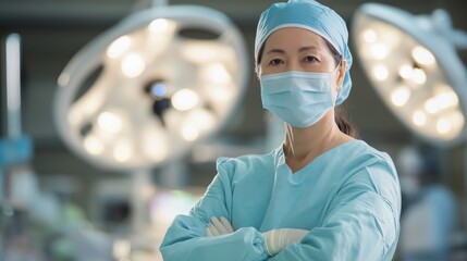 Skilled Central Asian Female Surgeon in a Modern Operating Room with Advanced Medical Equipment