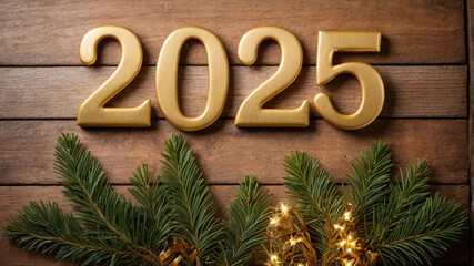 Golden 2025 numbers with festive green decor