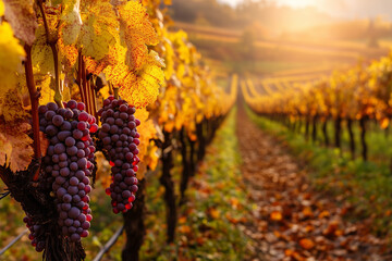  Scenic vineyard with ripe grapes in golden light