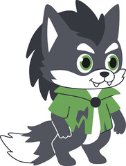 Cute werewolf halloween character. wolf in green shirt cartoon kids style.