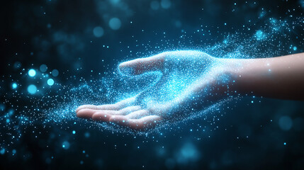Fototapeta premium A hand approaches a glowing blue light, appearing as a digital interface. The hand is composed of small dots and lines forming a network-like pattern, futuristic and technological theme