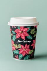 to go coffee cup with text "Merry Christmas" the cup has a red and green festive christmas poinsettia print