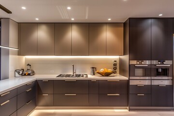 Contemporary kitchen with two-tone cabinets and sleek lighting.