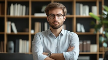 Obraz premium Young man with glasses stands confidently in a modern office environment with bookshelves in the background during daylight hours