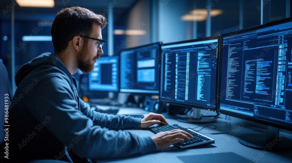 Poster a dedicated programmer sits in a dimly lit tech office, concentrating on several monitors filled wit