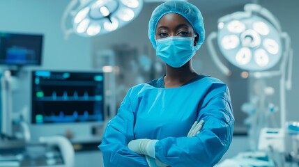 Confident African American Female Surgeon in Operating Room for Medical and Healthcare Design Purposes