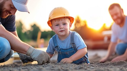 A young child in a yellow helmet excitedly plays in sand at a construction site during sunset, while two adults assist and engage, promoting a fun and safe learning environment
