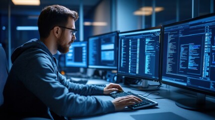 A dedicated programmer sits in a dimly lit tech office, concentrating on several monitors filled with intricate lines of code, reflecting a late-night coding session
