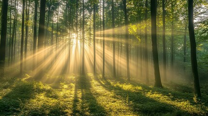 Sunbeams Illuminating a Foggy Forest