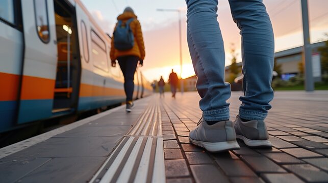 During a vibrant sunset, travelers at a train station engage in their evening commute, with a passenger boarding the train and another walking on the platform