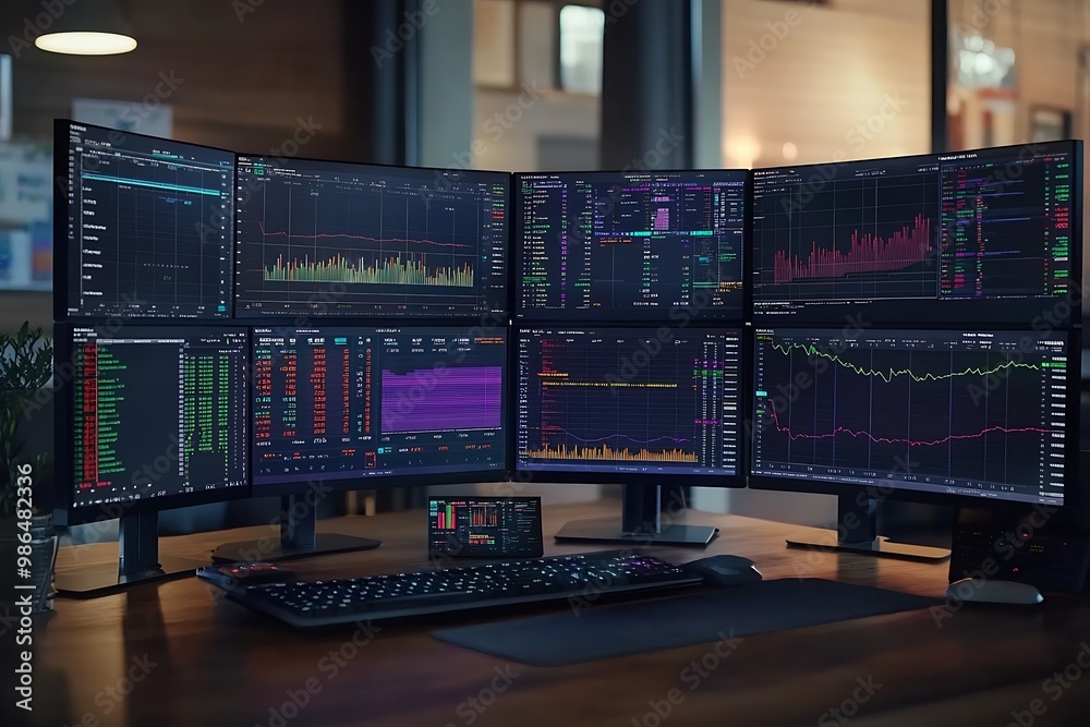 Poster multiple computer monitors displaying stock market data