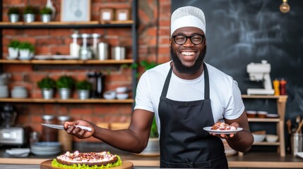 A cheerful baker in an apron and chef hat holds a cake and a plate of dessert in a warm kitchen filled with green plants. The workspace exudes a sense of creativity and joy