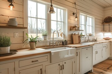Farmhouse kitchen with shiplap walls, butcher block countertops, and apron sink.
