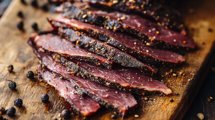sliced biltong and spices on a wooden chopping board – A food-related theme focusing on traditional cured meat snacks, typically associated with South African cuisine