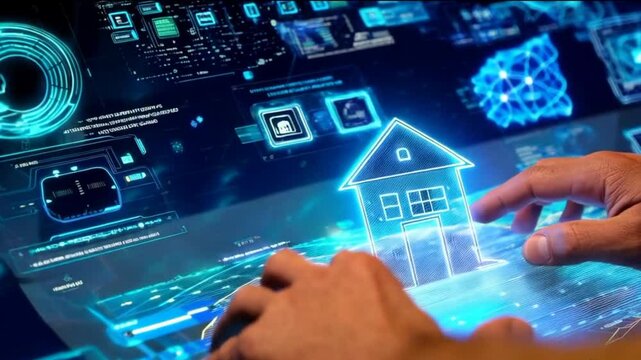 Real estate agent works on a computer with a transparent screen. The screen shows an interactive neural network, artificial intelligence project.