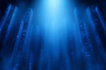 A futuristic city skyline illuminated by blue light and mist during nighttime in a sci-fi setting