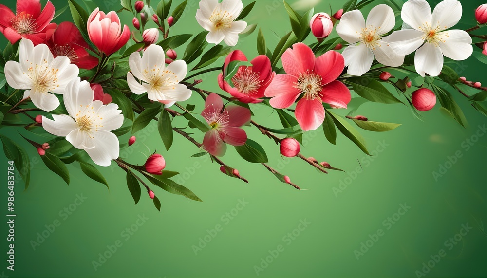 Wall mural spring flowers on a vibrant green background, perfect for a greeting card or banner design, featurin