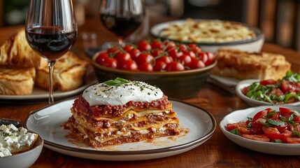 A Close-Up of Lasagna with Whipped Cream, Tomato Salad, and a Glass of Red Wine on a Wooden Table