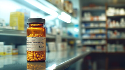 Antibiotic – A pharmacy counter displays a bottle of antibiotics, with instructions for proper usage in view