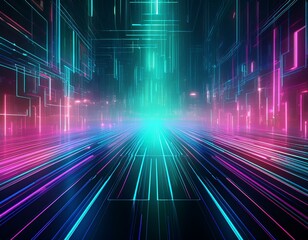Obraz premium Abstract digital background with glowing lines and geometric shapes in vibrant blue, green, and pink colors.