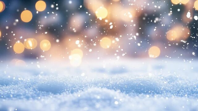 Delicate snow falls softly, blanketing the ground while warm lights create a cozy atmosphere in the winter night